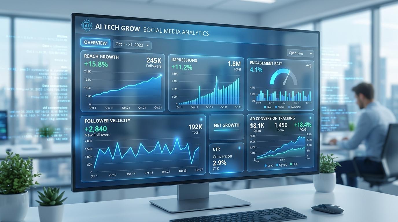 Transparent social media reporting and analytics dashboard showing reach, engagement, and conversion tracking