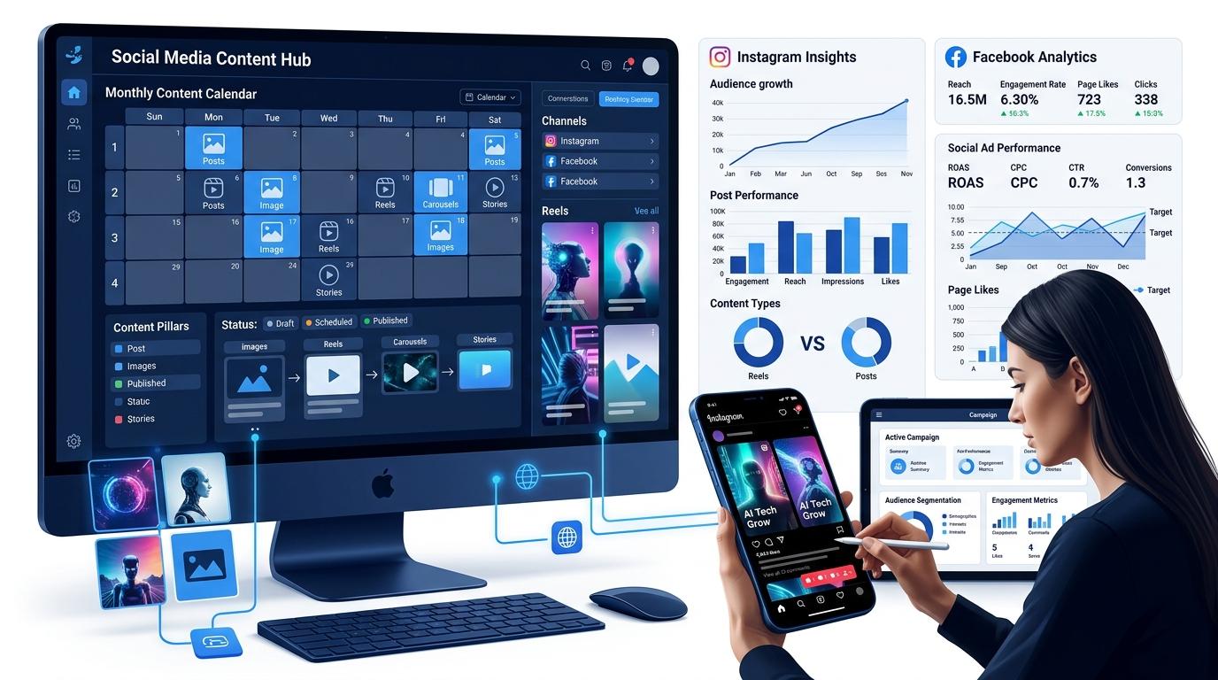 Social media marketing strategy hub showing content calendar, Reels video production, and audience analytics