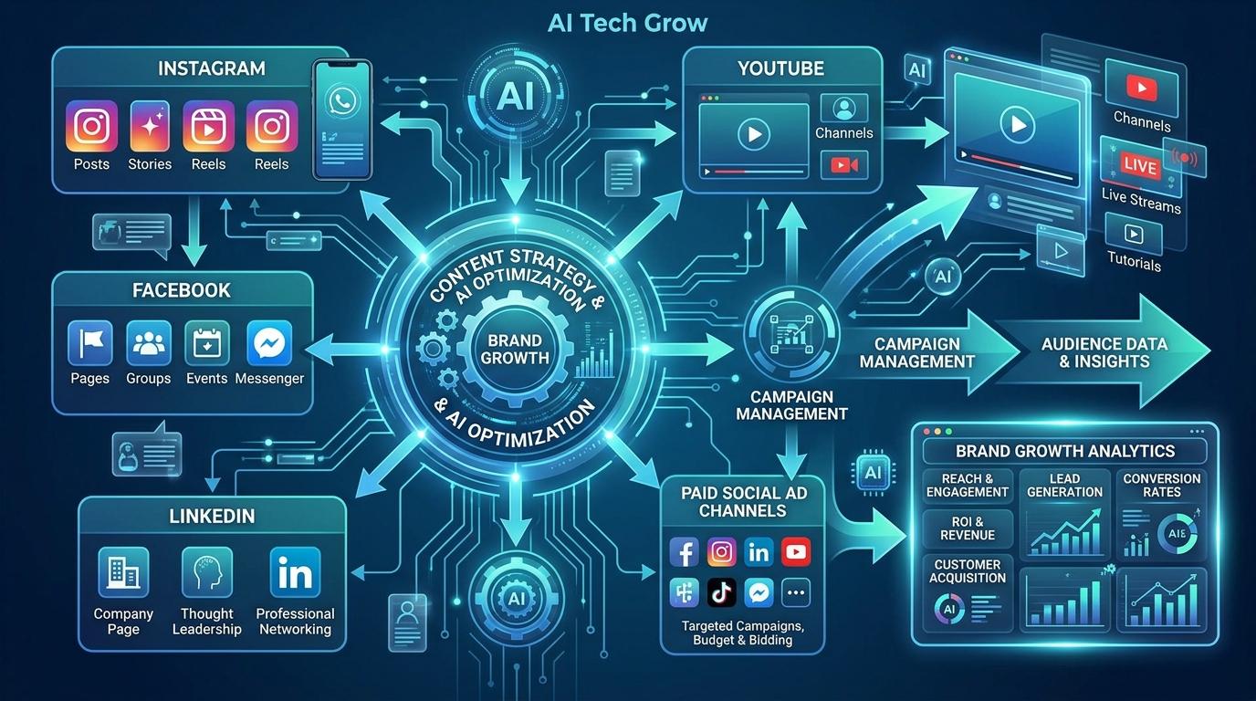 Multi-platform social media ecosystem connecting Instagram, Facebook, LinkedIn, and YouTube