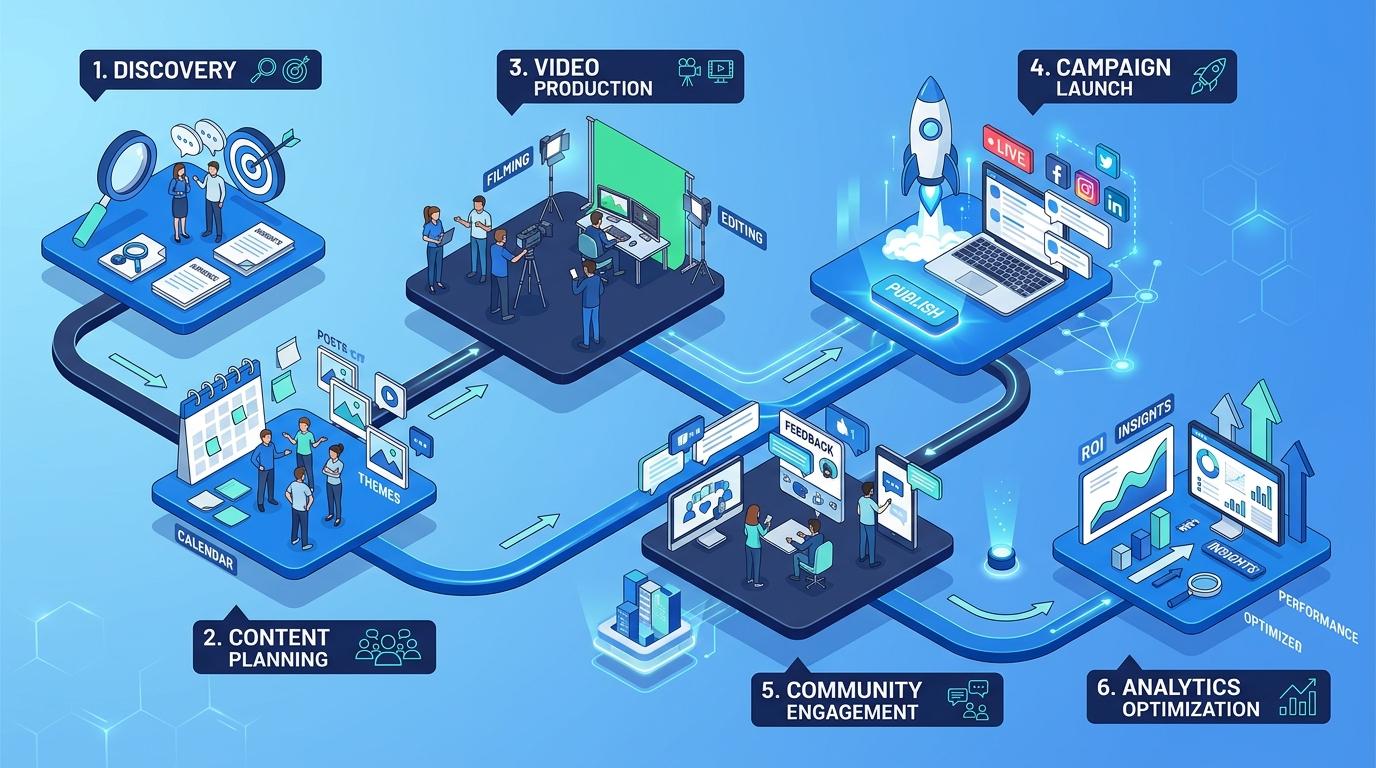 3D isometric social media campaign process workflow from discovery to optimization
