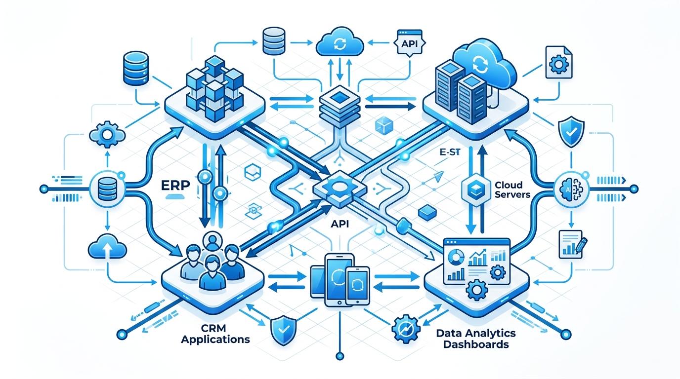 Custom software architecture diagram connecting ERP, CRM, mobile applications, and cloud systems