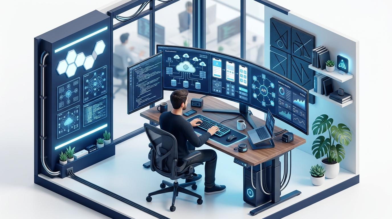 Software development workspace showing developer, cloud architecture, and business dashboards