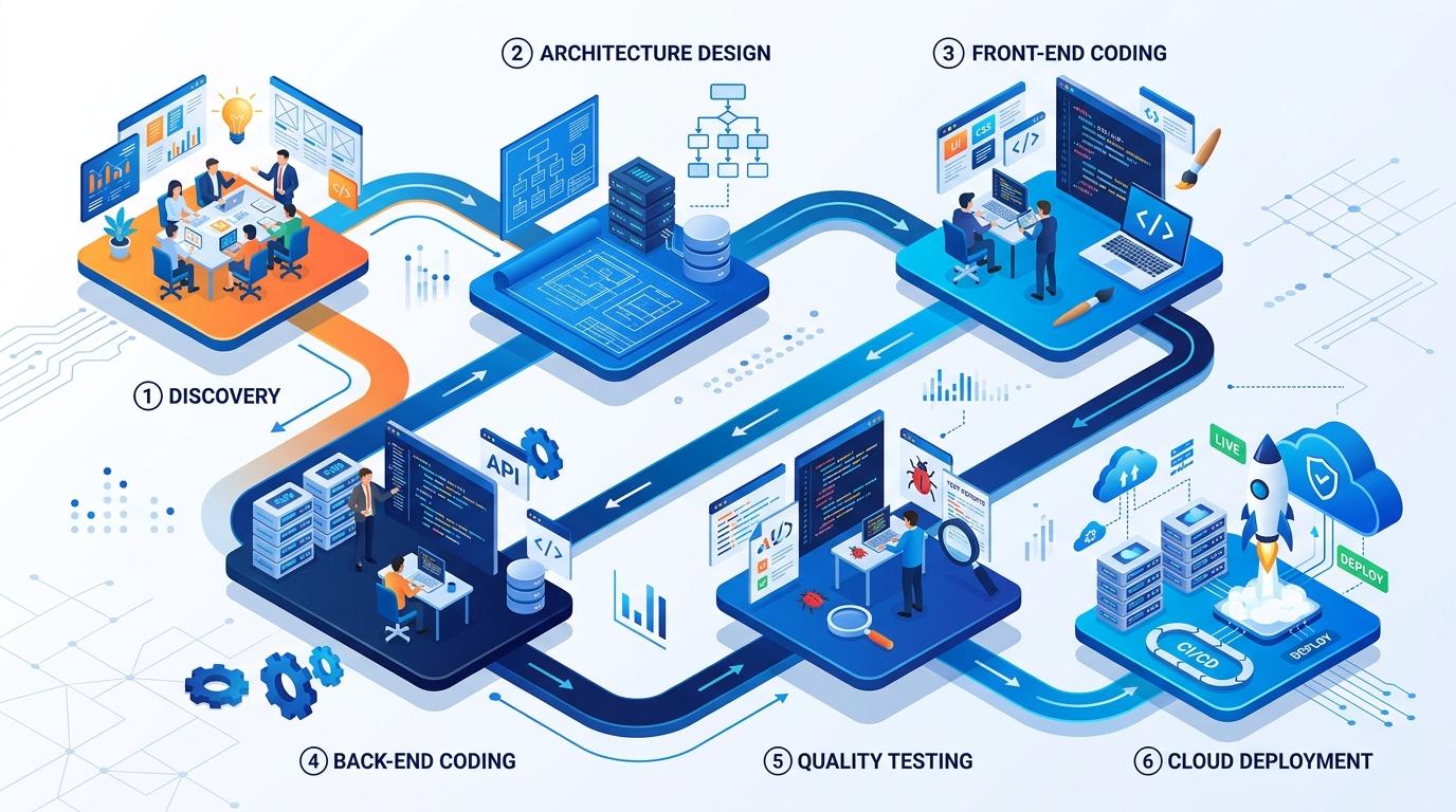 Isometric 3D software development lifecycle diagram from discovery to cloud deployment