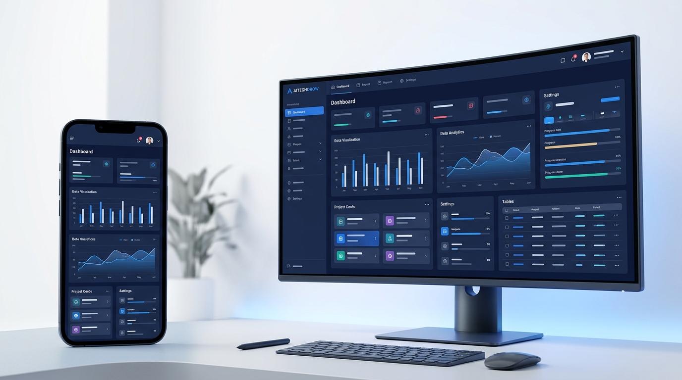 Enterprise web development dashboard preview showing desktop and mobile responsive interfaces