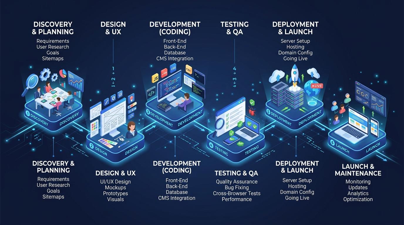3D web development process workflow from planning and design to launch and maintenance