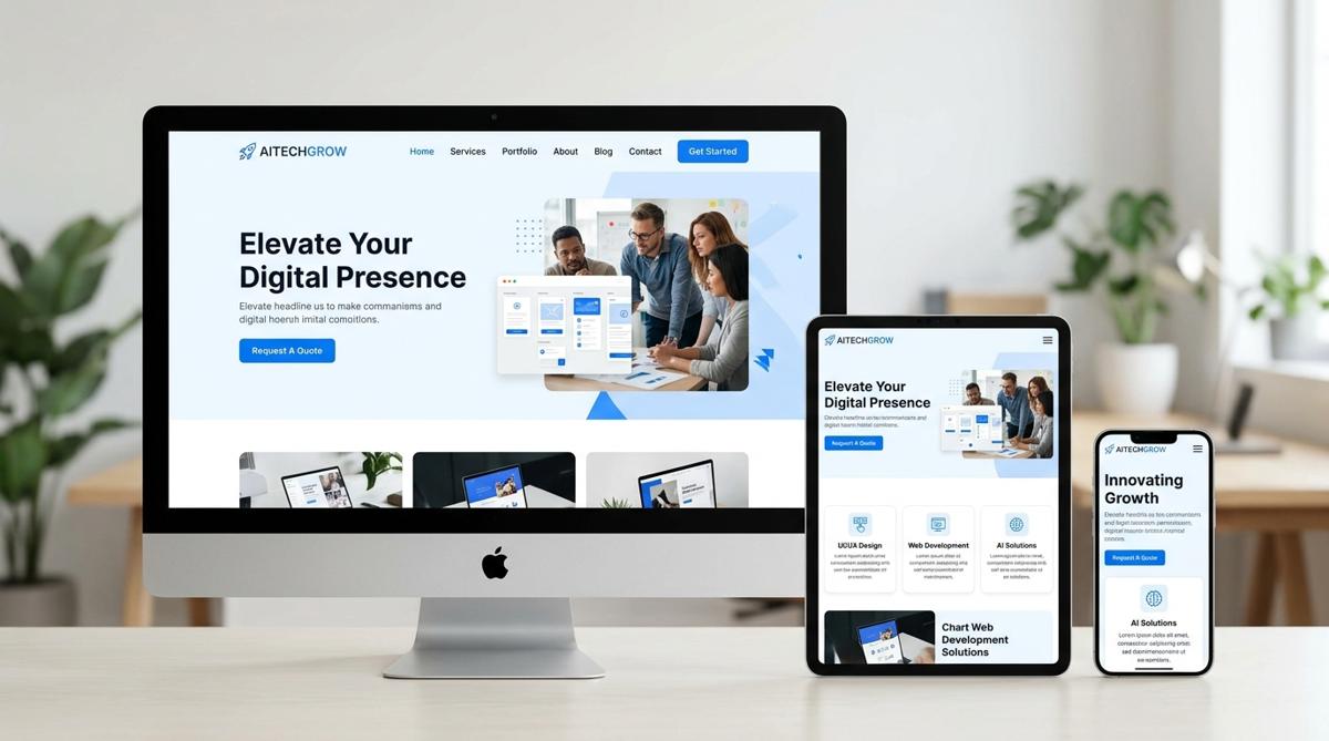 Modern business website interface mockup across desktop and mobile screens