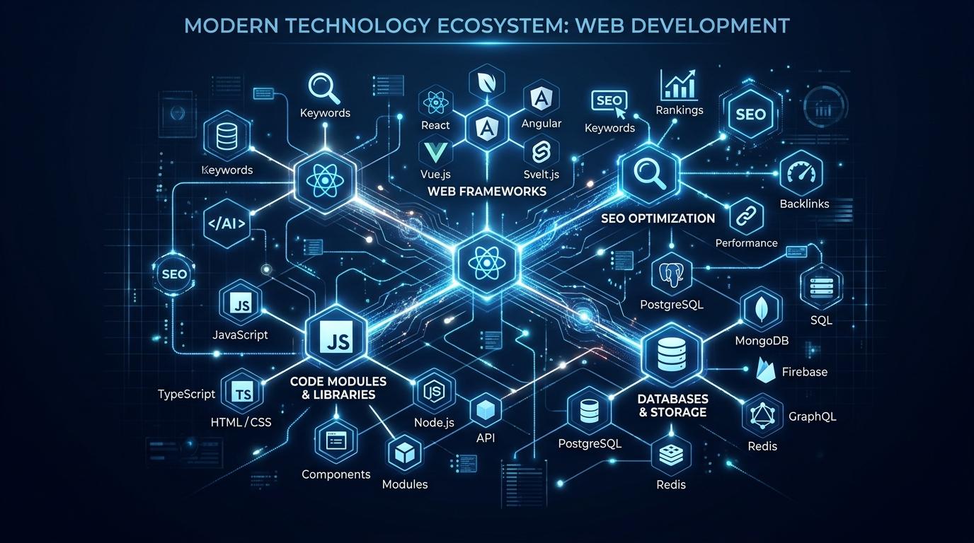 Modern web development technology ecosystem connecting frameworks, databases, and APIs